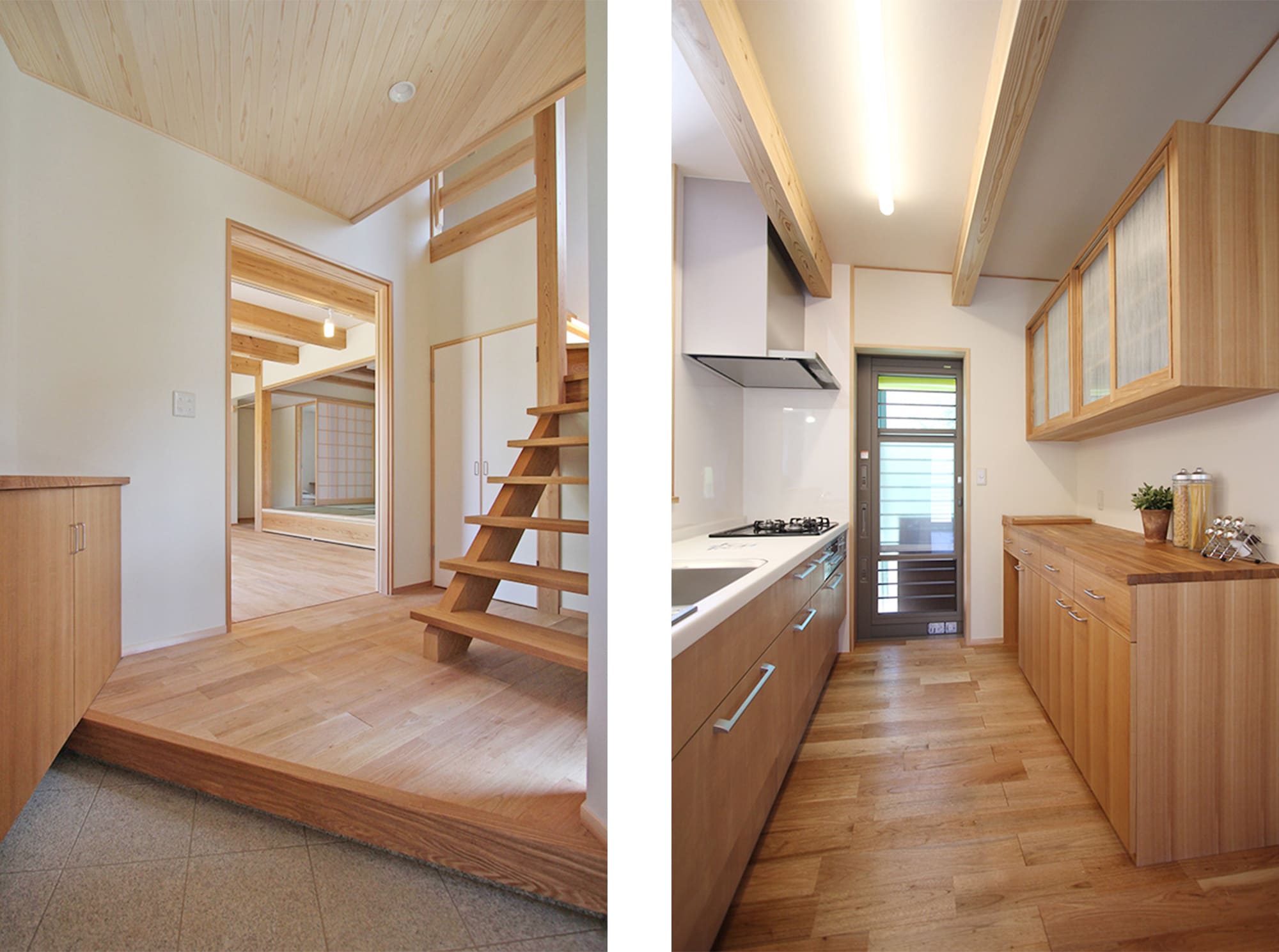 左) 斜めに配置された玄関。階段横の窓からの明かりが心地よく差し込みます。右) キッチンのカップボードはオリジナルで造りました。