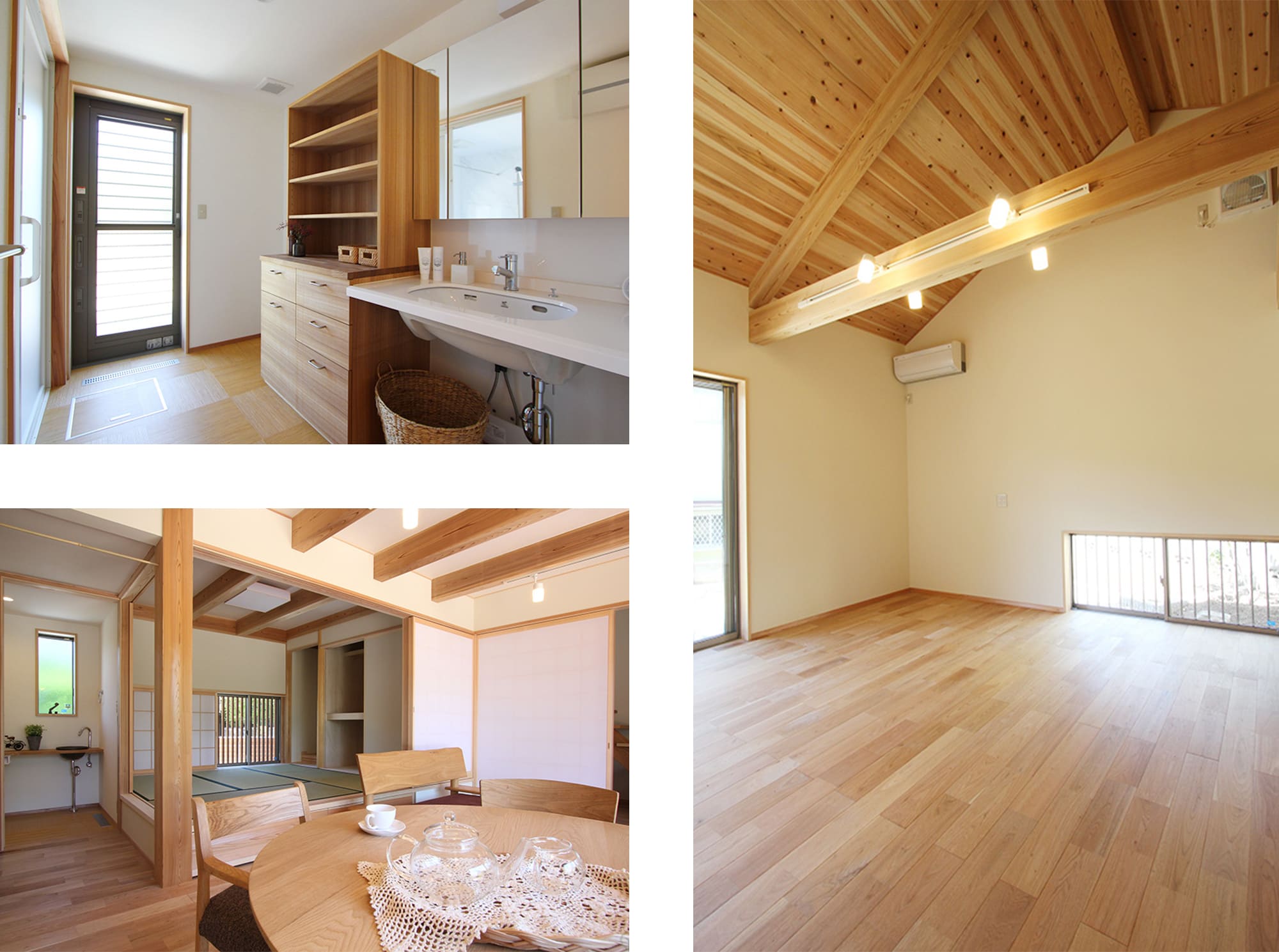 左上) 洗面所に収納を設け、洗濯から収納までが近距離でできる楽々家事スペースとなります。左下) 大黒柱が印象的なＬＤＫと和室。右) １階に設けた寝室は勾配天井で広々とした空間です。西日は地窓のみで風だけを受ける役割にしています。
