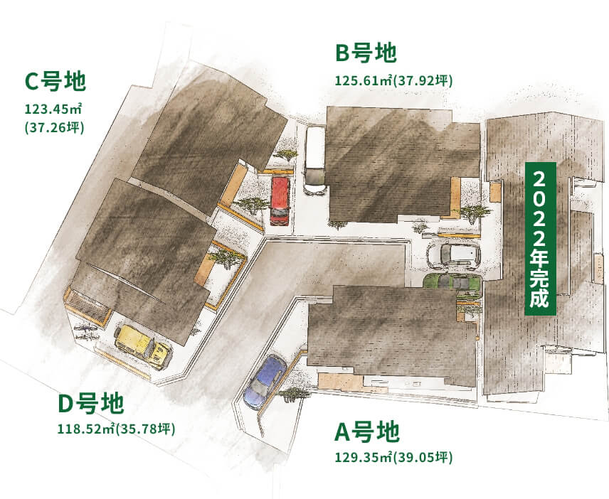 2022年完成 A号地 129.35㎡(39.05坪) B号地 125.61㎡(37.92坪) C号地 123.45㎡ (37.26坪) D号地 118.52㎡(35.78坪)