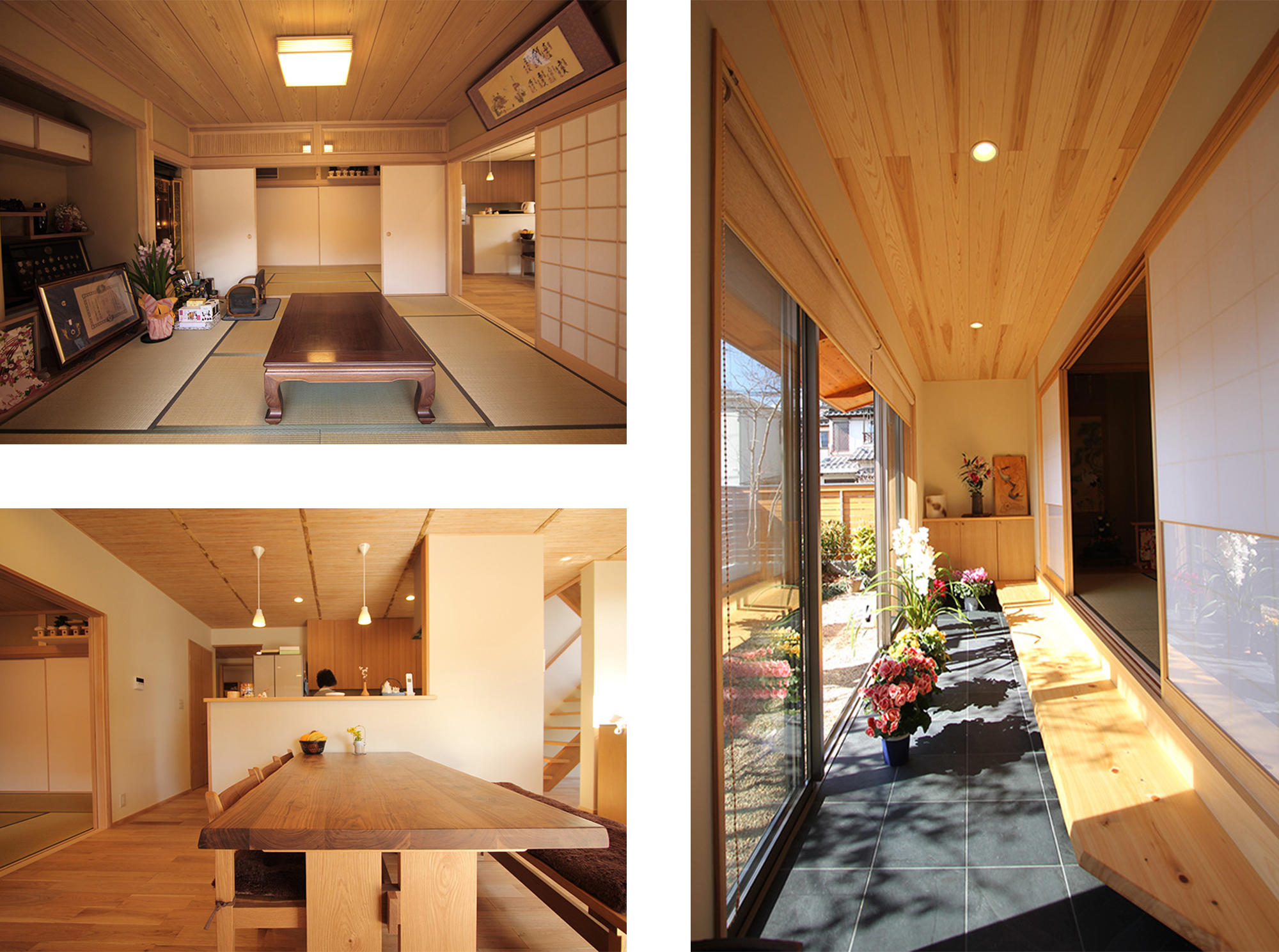 左上) 二間続きの和室は、天井の高さや欄間、床の間、使う材料にもこだわっています。左下) 木のダイニングテーブルや椅子の家具がよく似合っています。右) 玄関土間は庭ともつながる縁側のような役割も兼ねています。