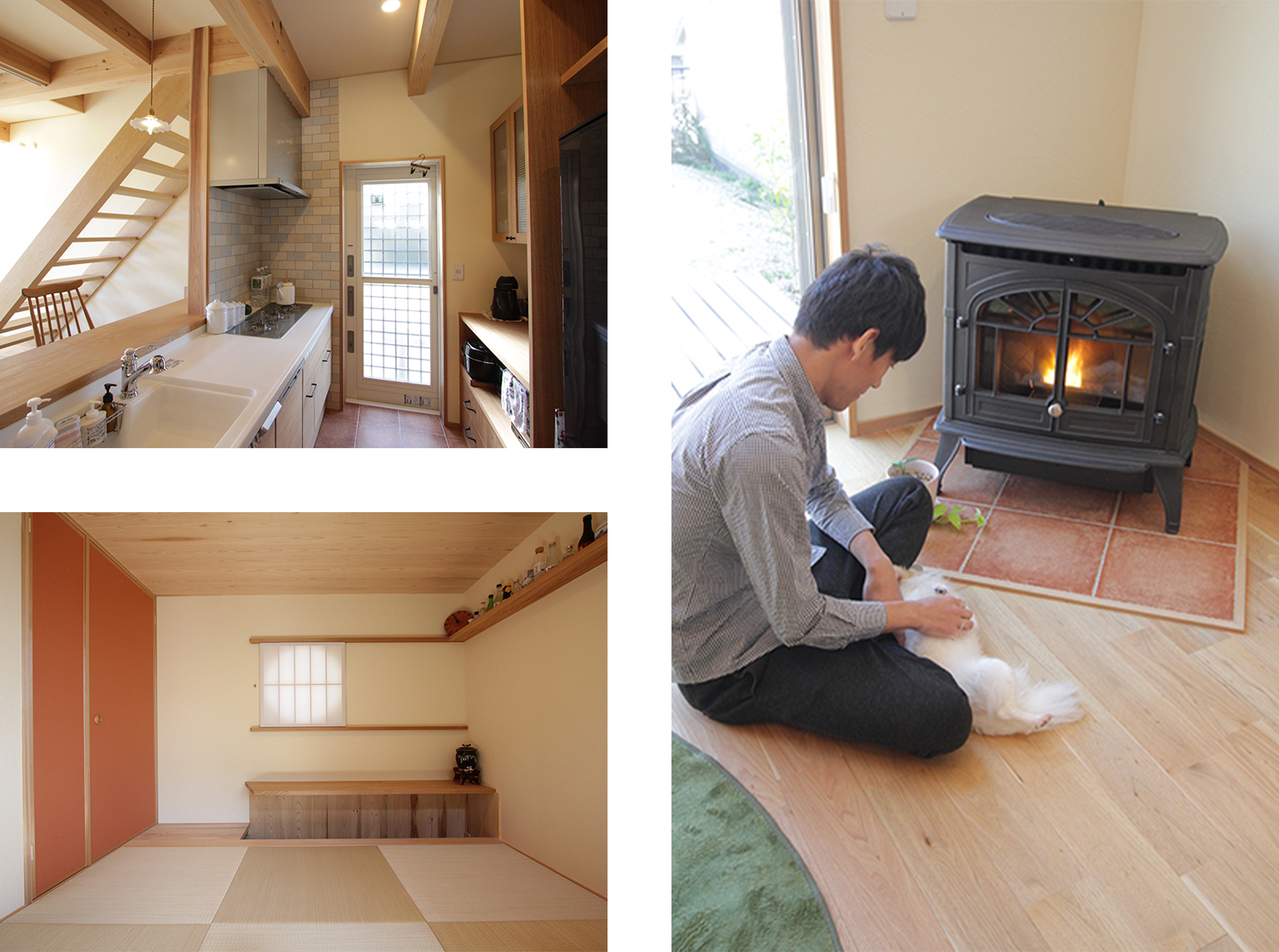 左上) 造作のキッチンは奥様のこだわり。ほかの部屋より一段下がっているため、カウンターに座った家族と視線が合い、会話が弾みます。左下) リビングから小上がりになった畳コーナーは、小さな居酒屋として。一部分が掘りごたつのようになっているので、足が下ろせて快適です。右) 冬はペレットストーブが大活躍。自然素材は人もペットも快適です。
