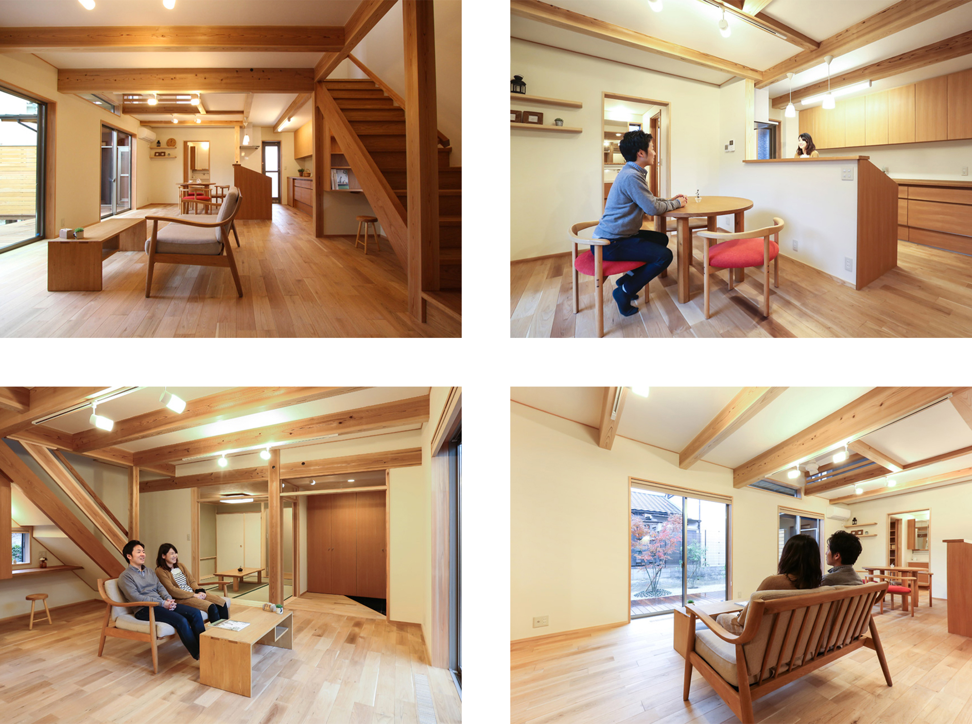 右上) ご家族との会話もはずむ対面キッチン。そこからの奥様の視野はご家族の気配や庭が見渡せます。