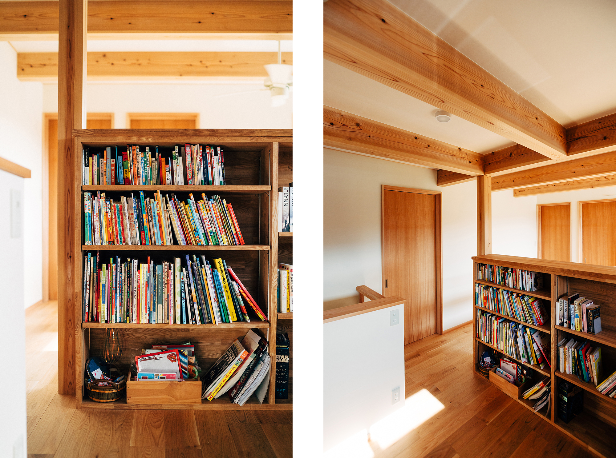 2階の共有部分には本棚が。お子様の絵本や奥様の雑誌など家族みんなの書斎スペースです。