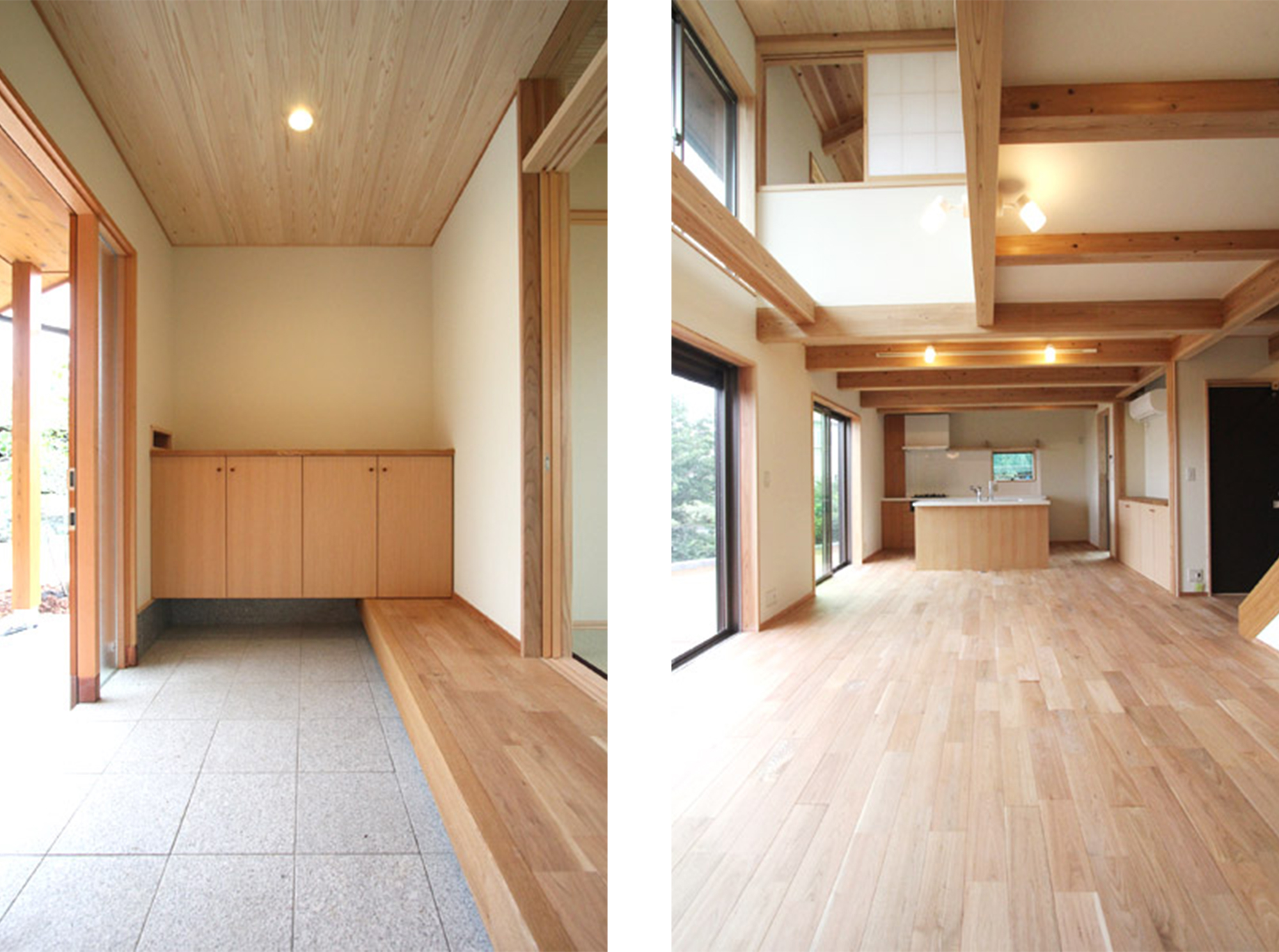 左) 広々玄関は沢山のご友人が集まってもゆったり入って頂けます。右) 吹抜け空間は海と空までの景色を見せてくれ、より解放感を感じられます。