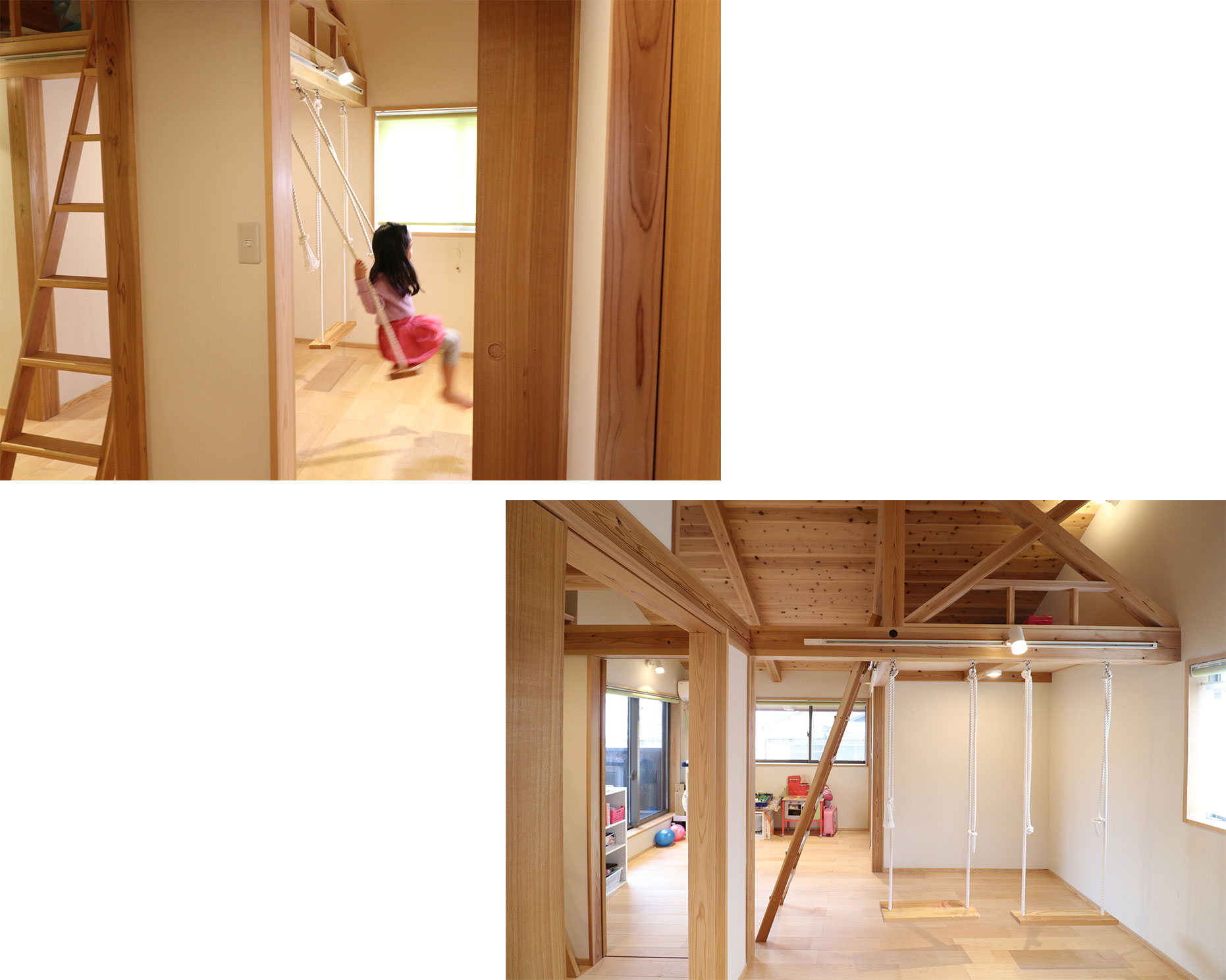 将来、間仕切りやすいように考えた、フリースペースの子供部屋。大工さん手作りのブランコも付いています。