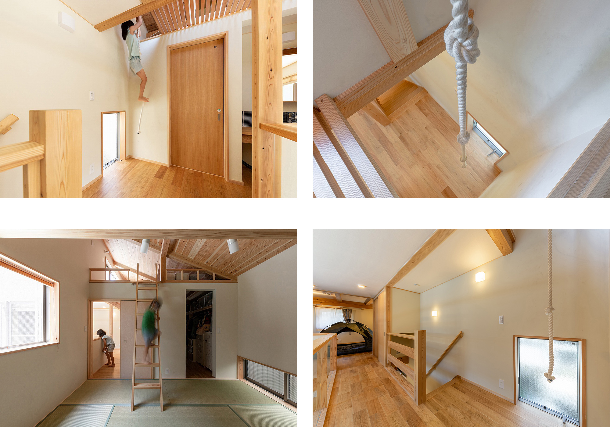 2階の廊下には登りロープを。寝室のロフトへと繋がります。