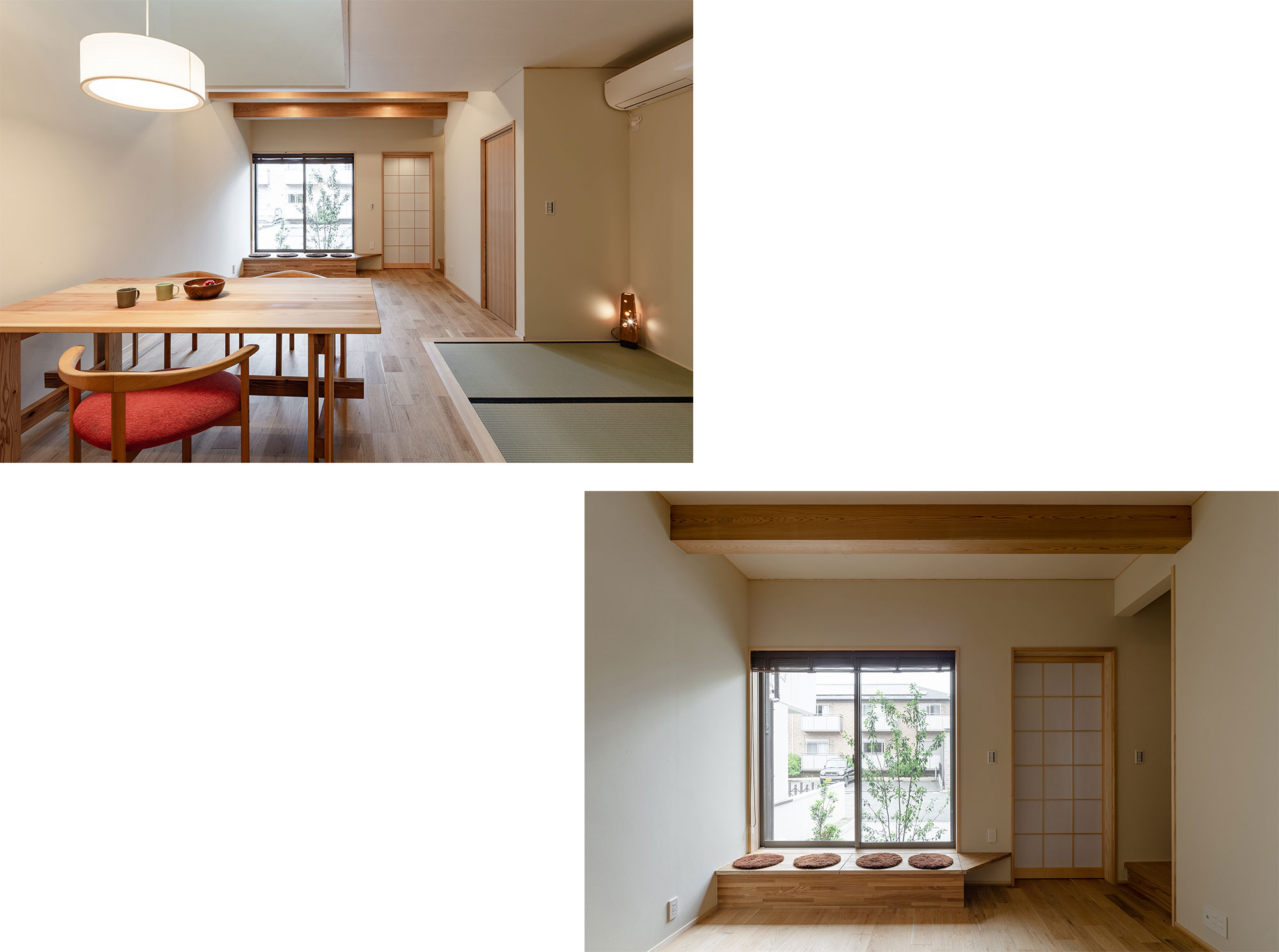 LDKの横にはすぐにゴロンと横になれる畳コーナーをもうけました。窓の前にはベンチを設置。ベンチの下は収納になっています。
