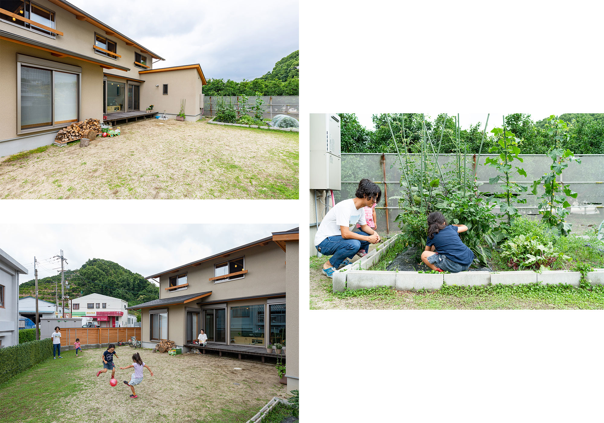 敷地の形を活かした広いお庭。子ども達が走りまわって遊べます。お庭の一画にはご主人お手製の家庭菜園があります。