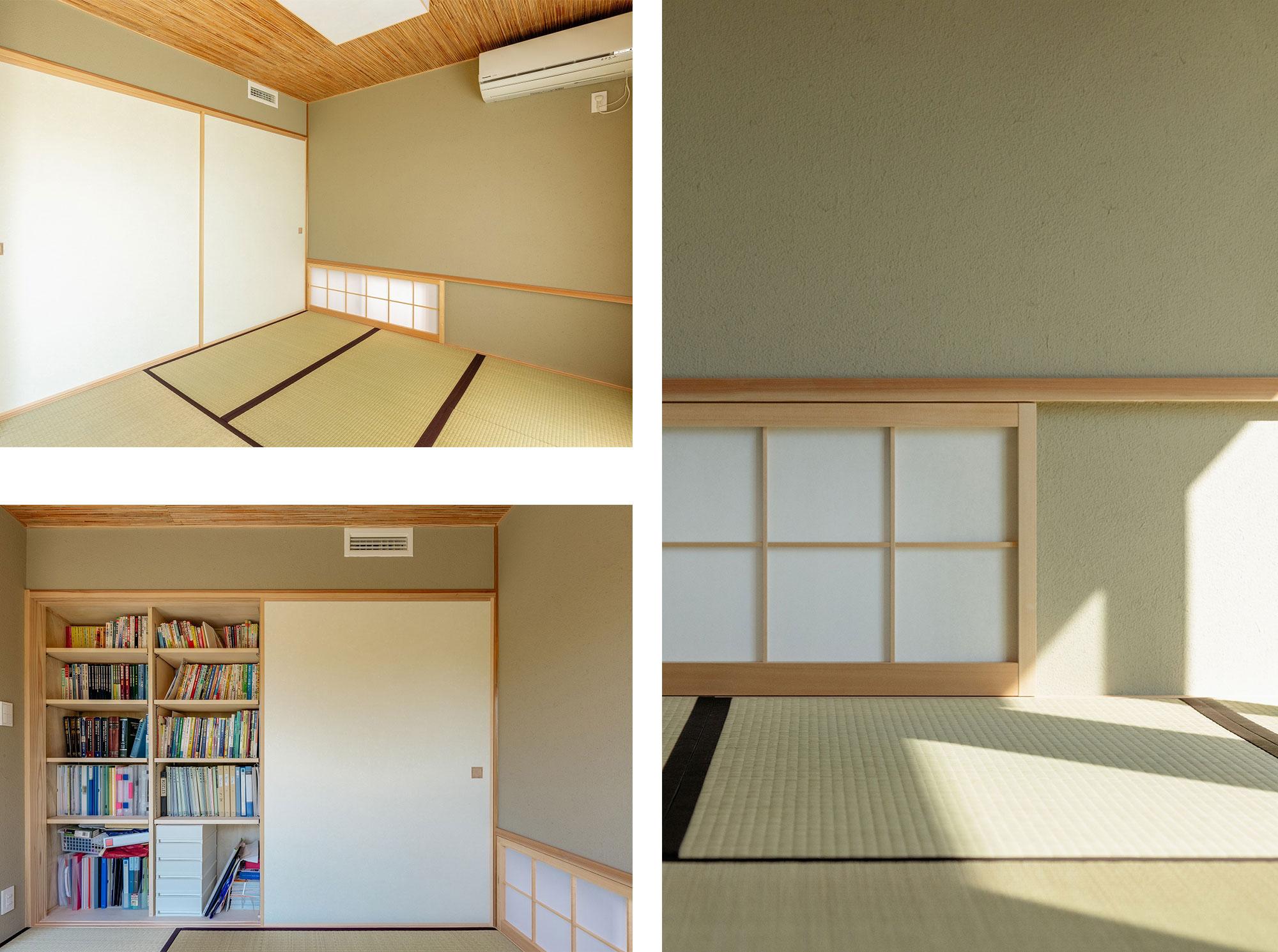 和室は障子を閉じれば、客間として、開くとリビングと一体に使うことが出来ます。襖を開けると蔵書の多いご主人の本棚になっています。