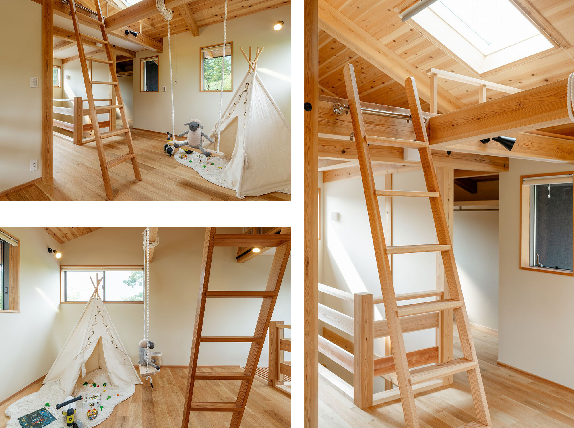 将来、子供部屋としても使うことができるフリースペースにはブランコを設けました。天窓から明るい光が降り注ぎます。