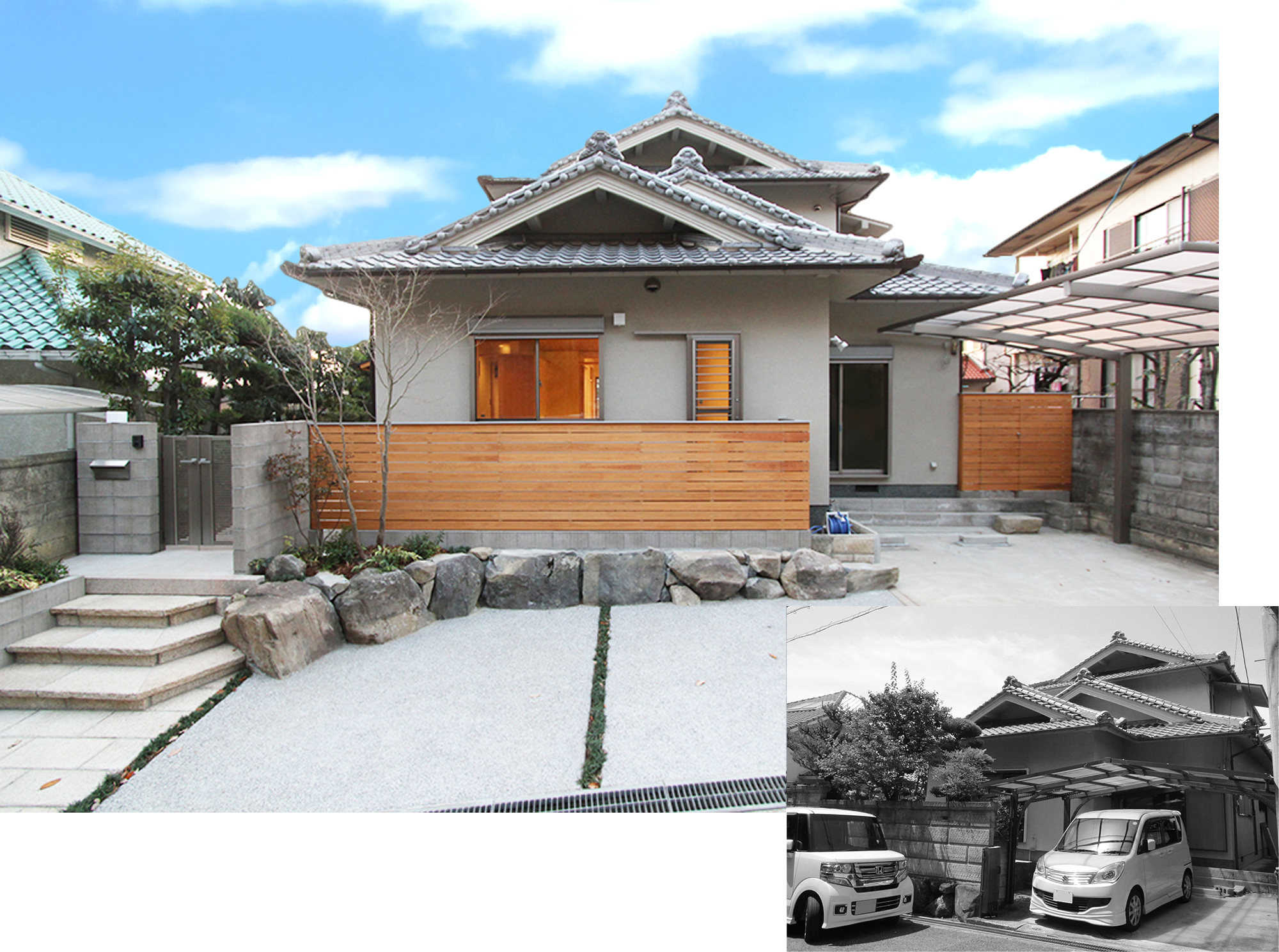 石積みを再利用し、板塀でアクセントを。階段は昇り降りがしやすいものへ造り替えました。