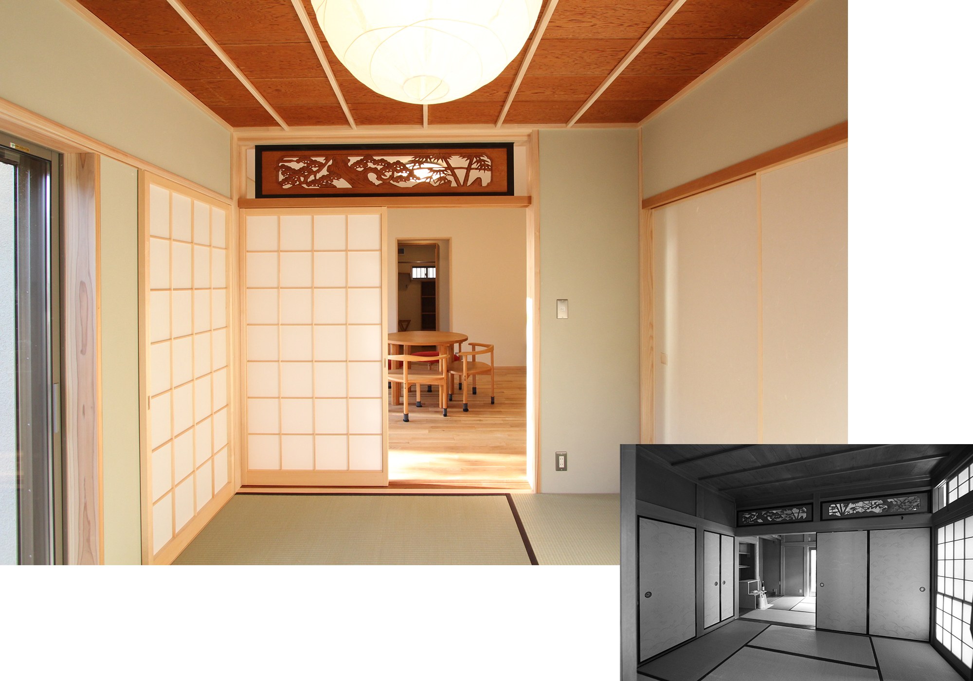 和室の欄間は前の家でも使っていたものを再利用。経年変化でつやのある良い色味に。