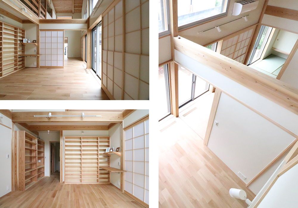 ピアノ室は吹抜けで全てのお部屋と繋がりピアノの音色が広がります。楽譜などを収納できる本棚も。