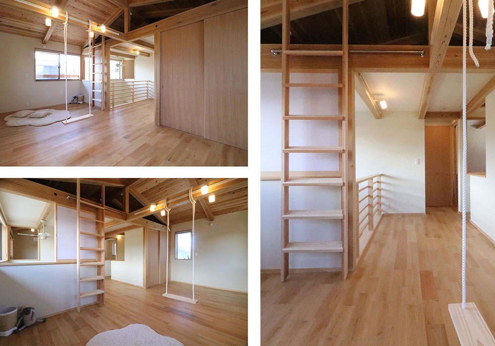 子ども達が使う子供部屋は今はフリースペースとして。ブランコやお部屋で広く遊べます。