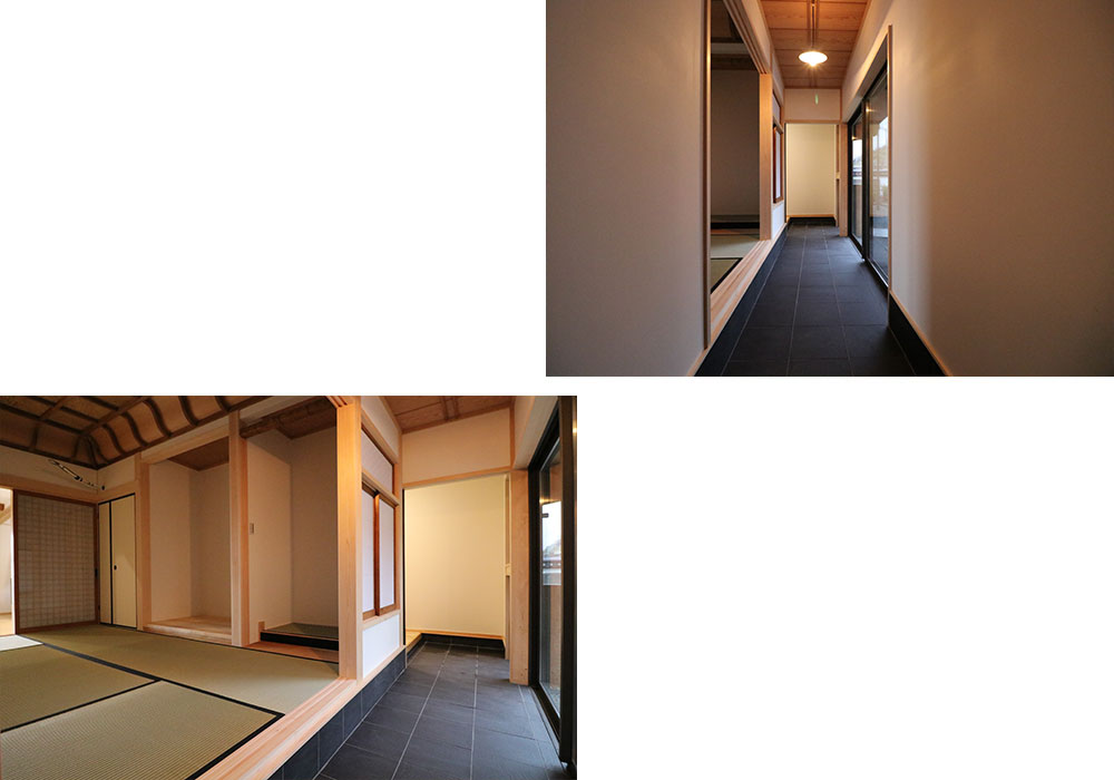 客間の和室はリビングを通らずにお客様をお通しできるように通り土間を設けました。
