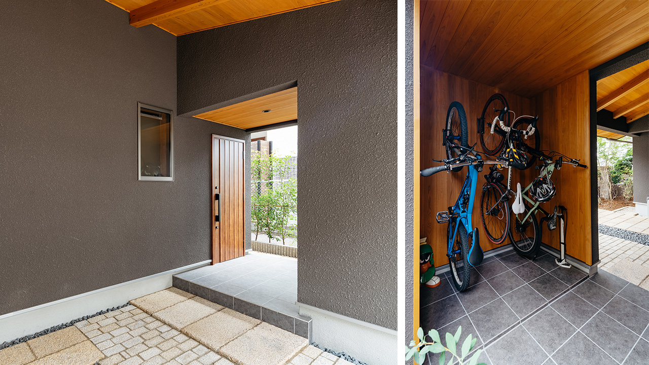 玄関横に壁で囲った駐輪スペースを。自転車を壁にかけて飾ることが出来ます。