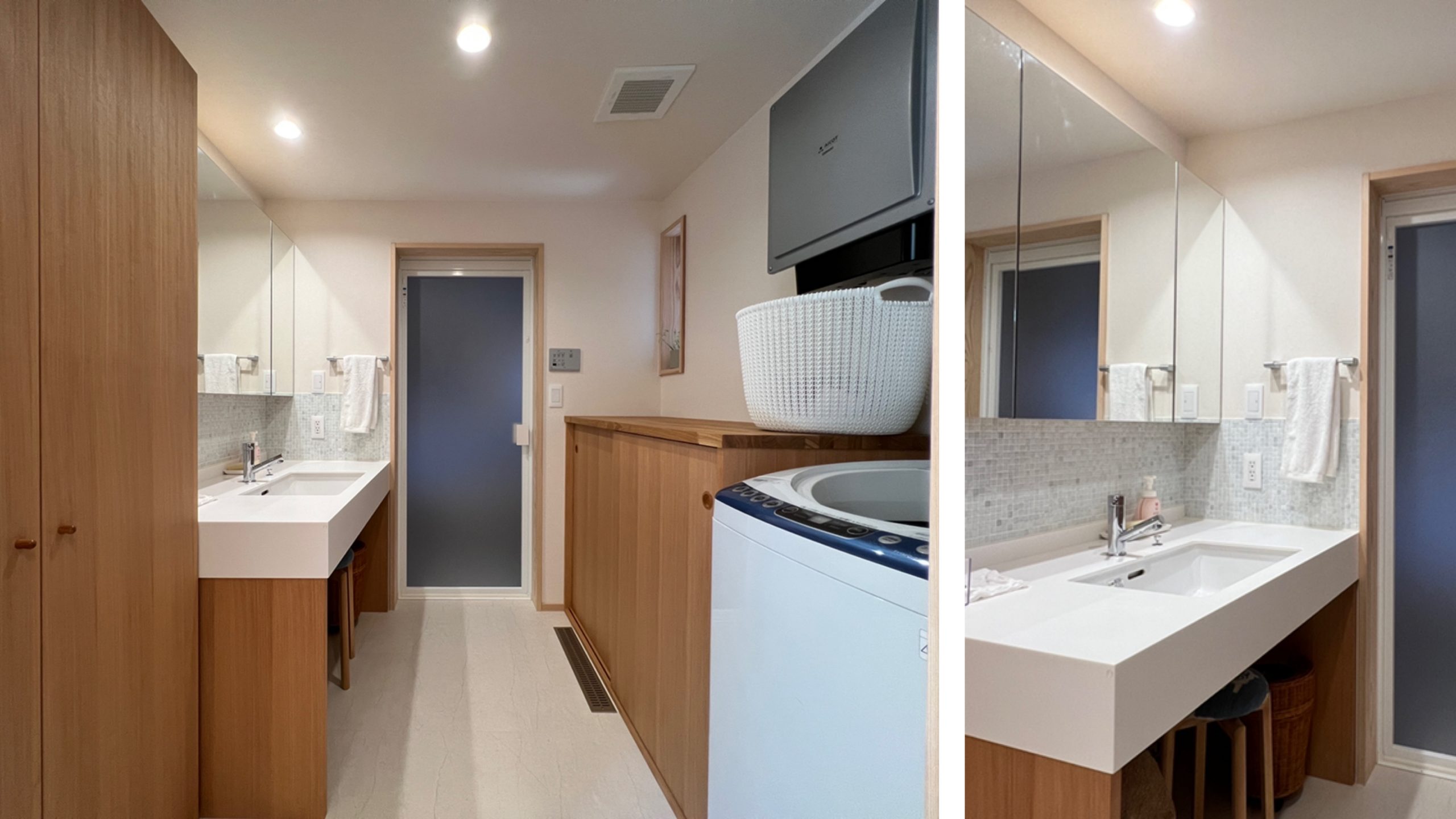 水廻りはLDKと将来、ご両親のお部屋になる洋室の間に設けました。造作の洗面台は少し広めに、鏡裏に収納を設けました。