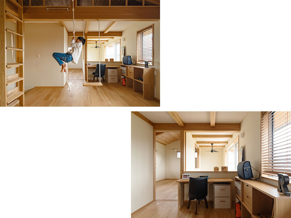 ブランコやロープなど遊び場にもなる子ども部屋。勉強机は吹き抜けに面して設けられているので、家族の気配を感じられます。