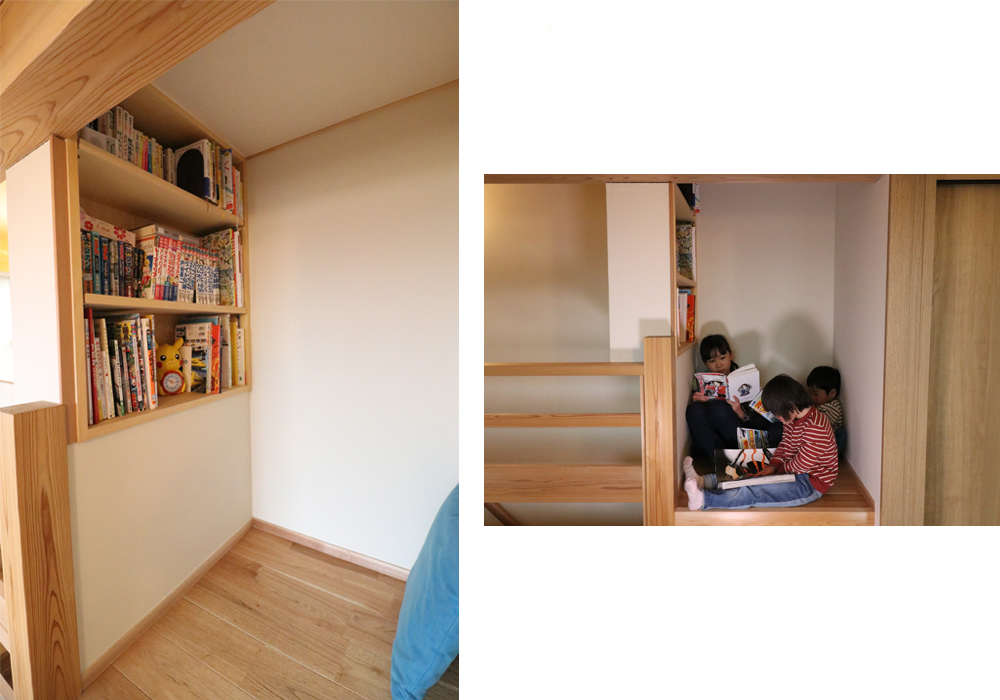 階段の上は読書コーナーに。囲まれていて落ち着く空間です。