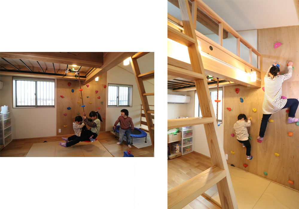 子ども部屋にはボルダリングやうんてい、ロープを設置しています。まるで公園のようにお家時間を楽しく過ごすことができます。