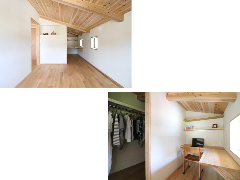 勾配屋根の天井が低く、落ち着く寝室。一角にはご主人の書斎スペースを設けました。