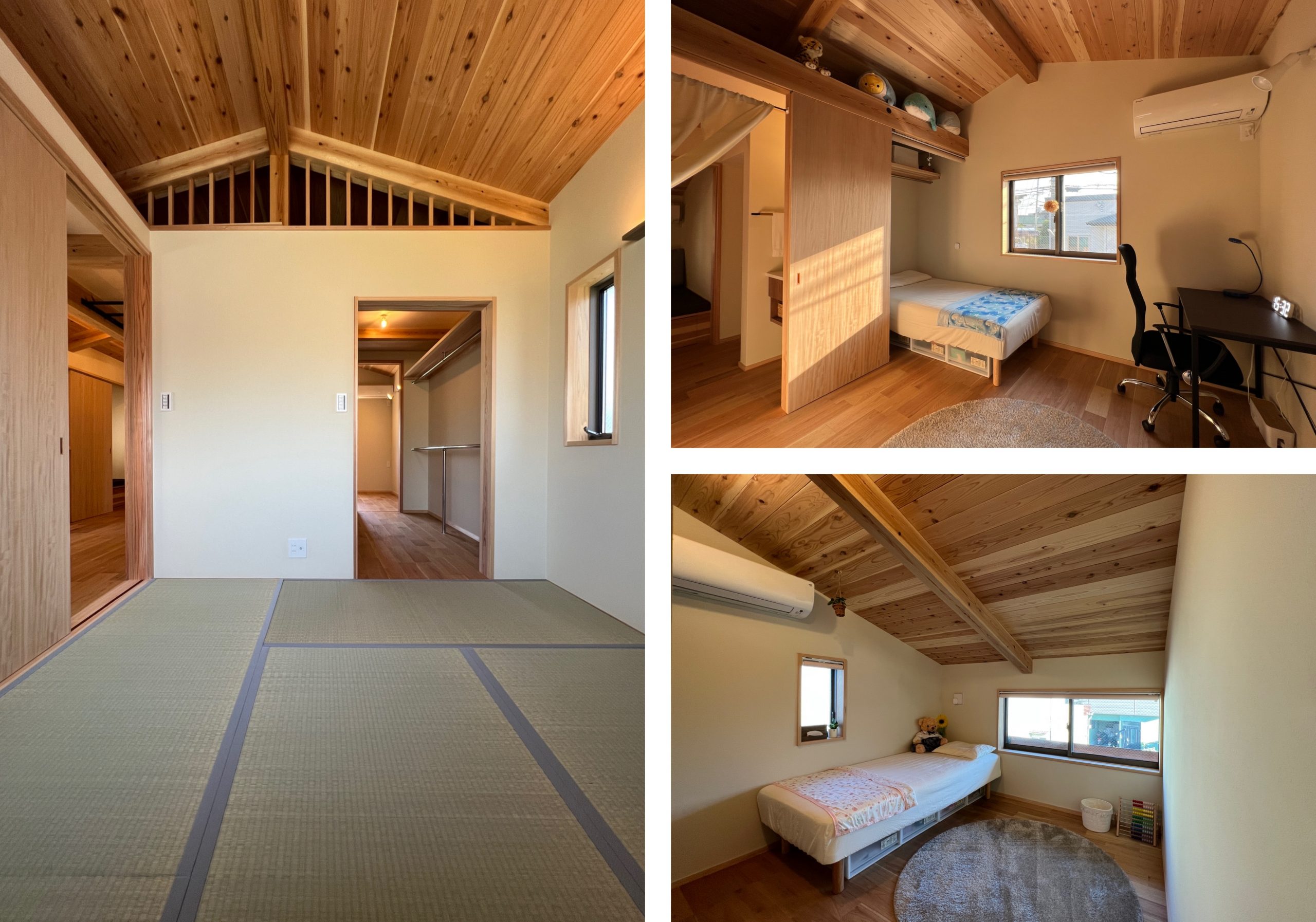 寝室は畳の空間に。３帖のウォークインクローゼットと繋がります。小学生のお子様なのでお部屋はそれぞれ一部屋ずつに。