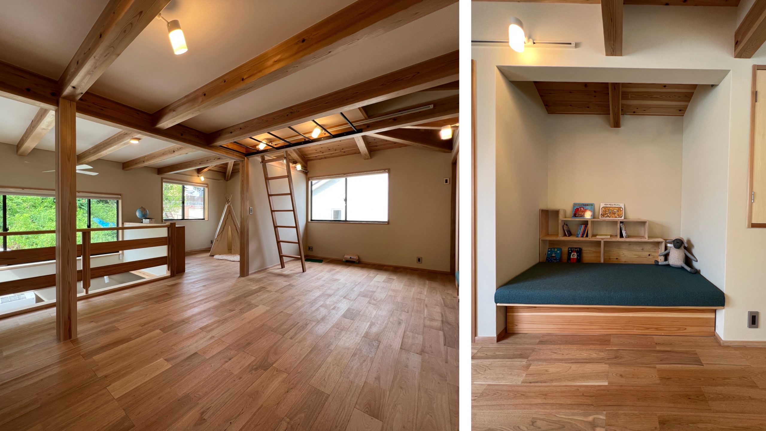 フリースペースは将来、３部屋に分けることができる広々空間。一画は天井を低くしたおこもり読書スペースになっています。