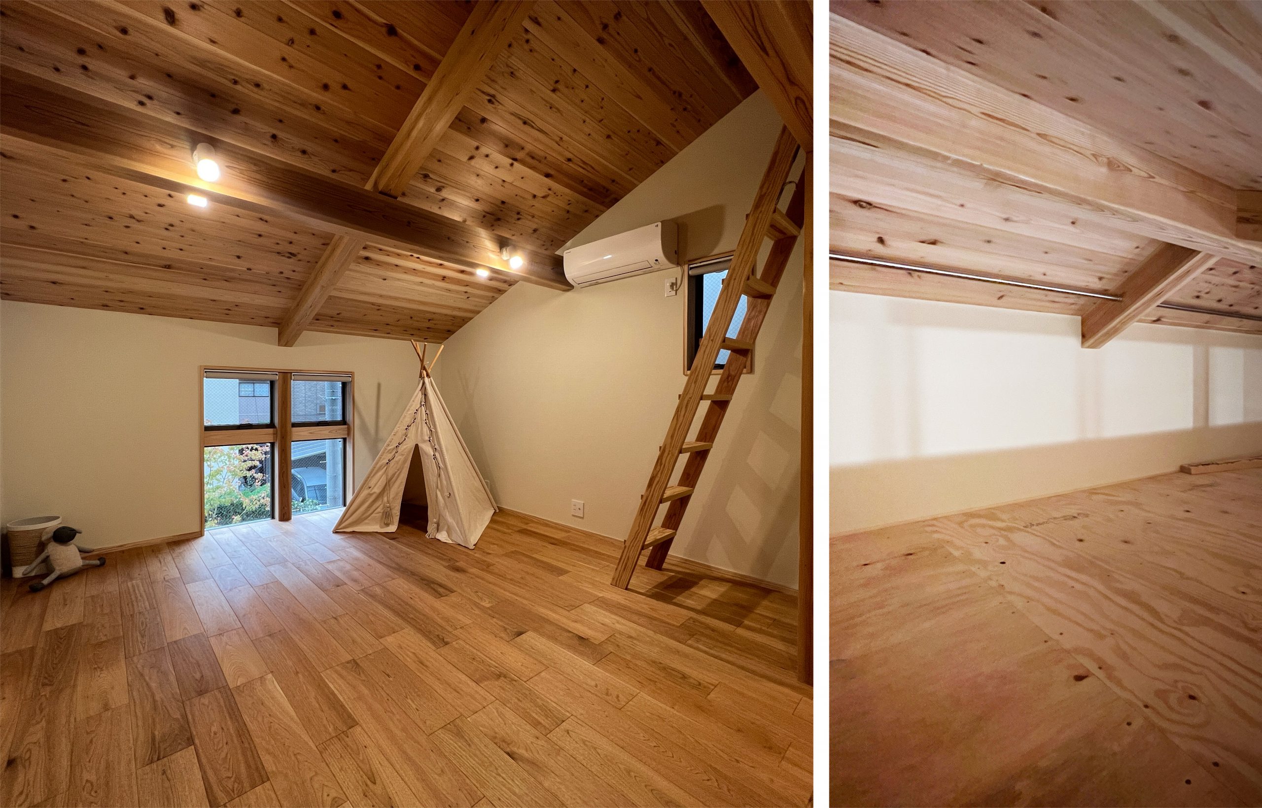 子ども部屋は広く遊べるフリールームとして設けています。ハシゴを昇った所はハンガーラックを設けたロフト空間になっています。