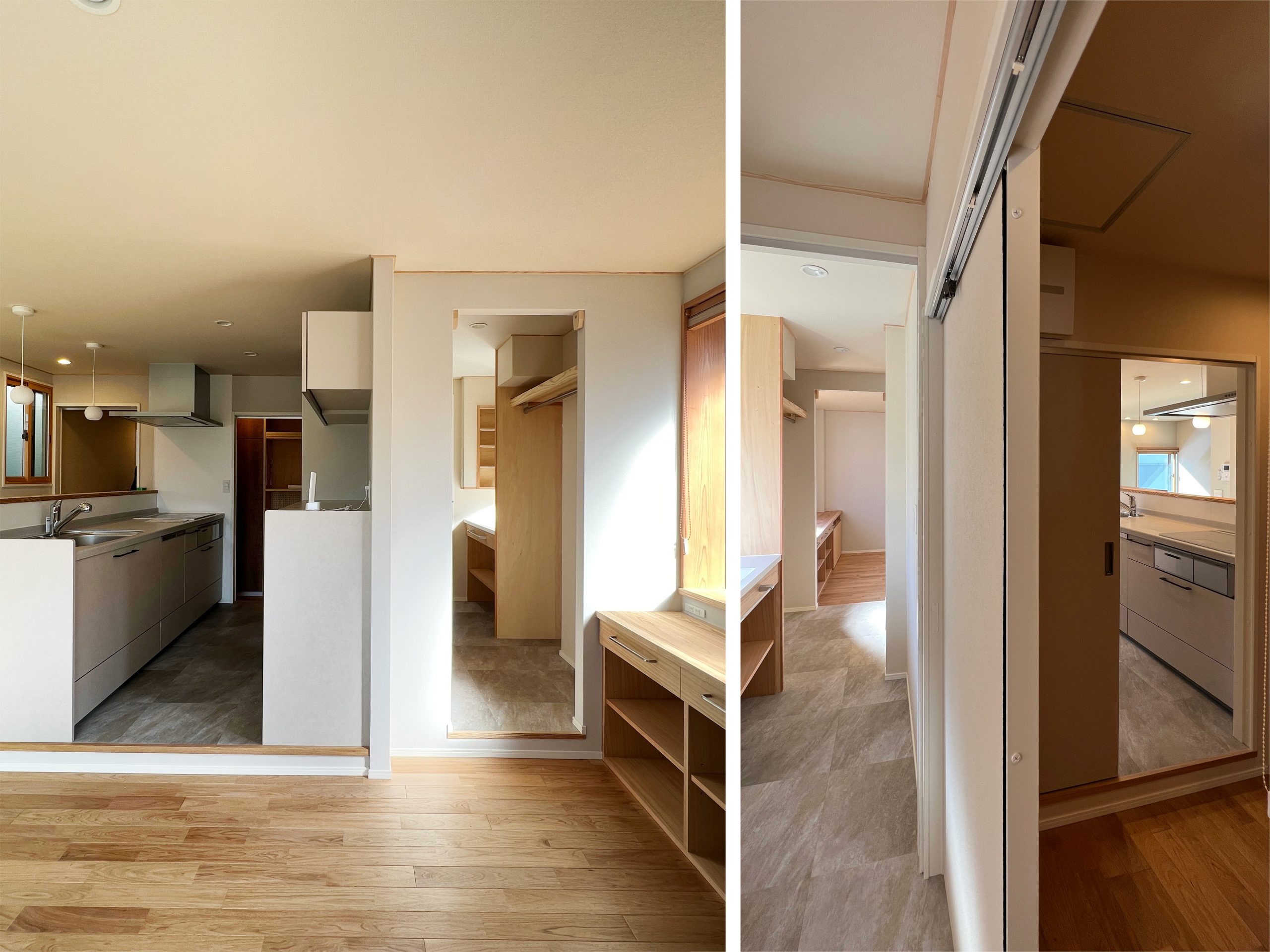 キッチンの裏動線として水廻りを設けました。動線に行き止まりがないので、日々の家事もスムーズにできます。